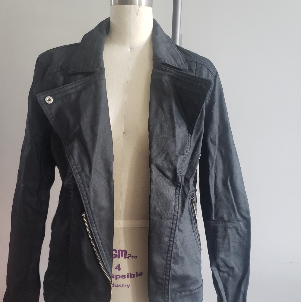 Coated denim moto jacket